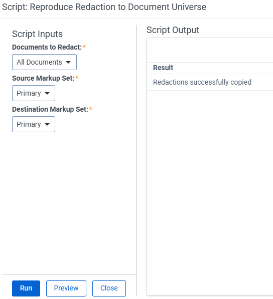 The Reproduce Redaction to Document Universe script report indicating that all redactions were copied successfully.