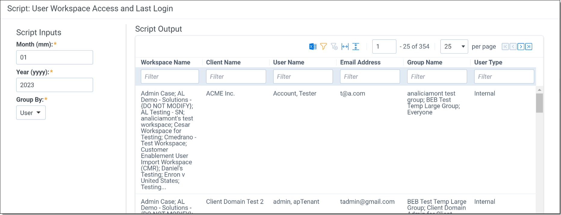 User workspace and last login (user report)