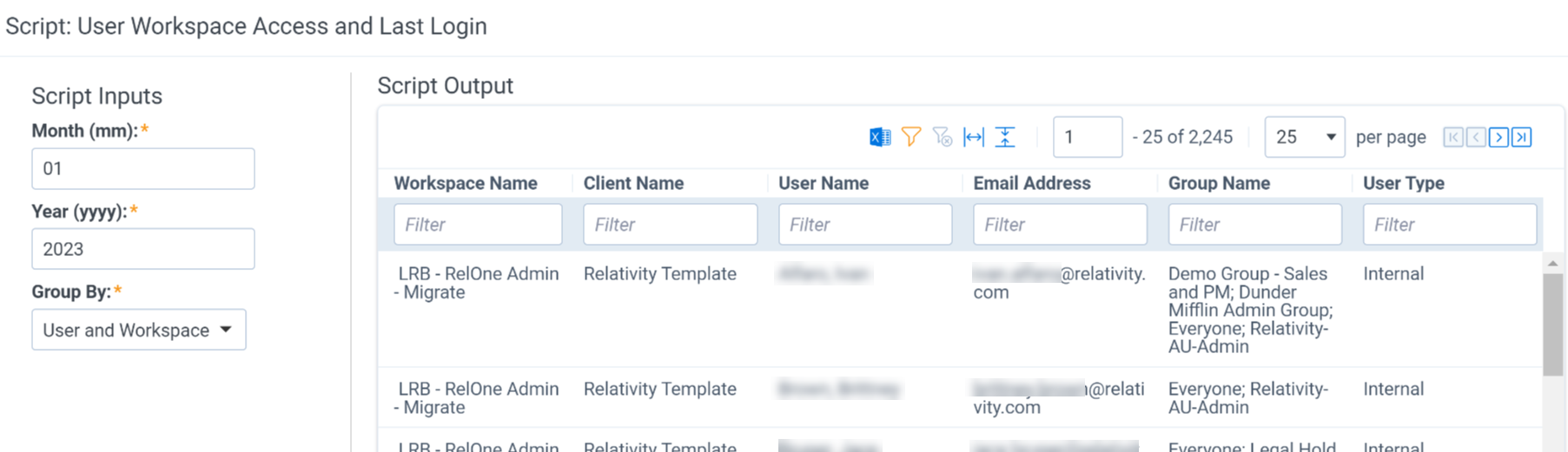 User and workspace report