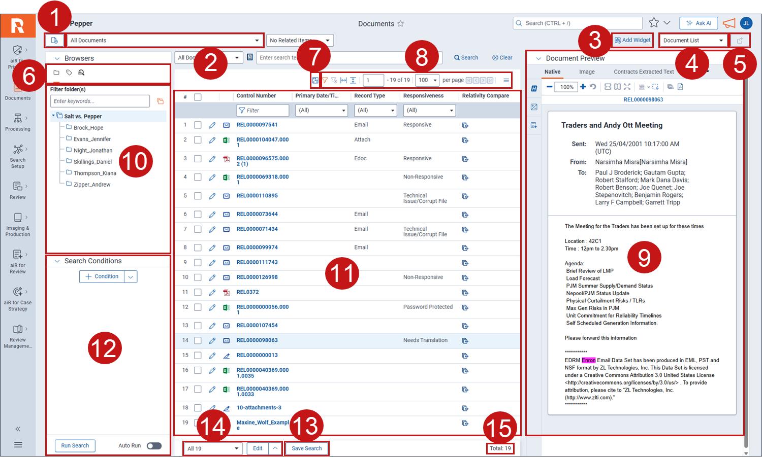Workspace layout with numbered sections that are described in a table below the image.