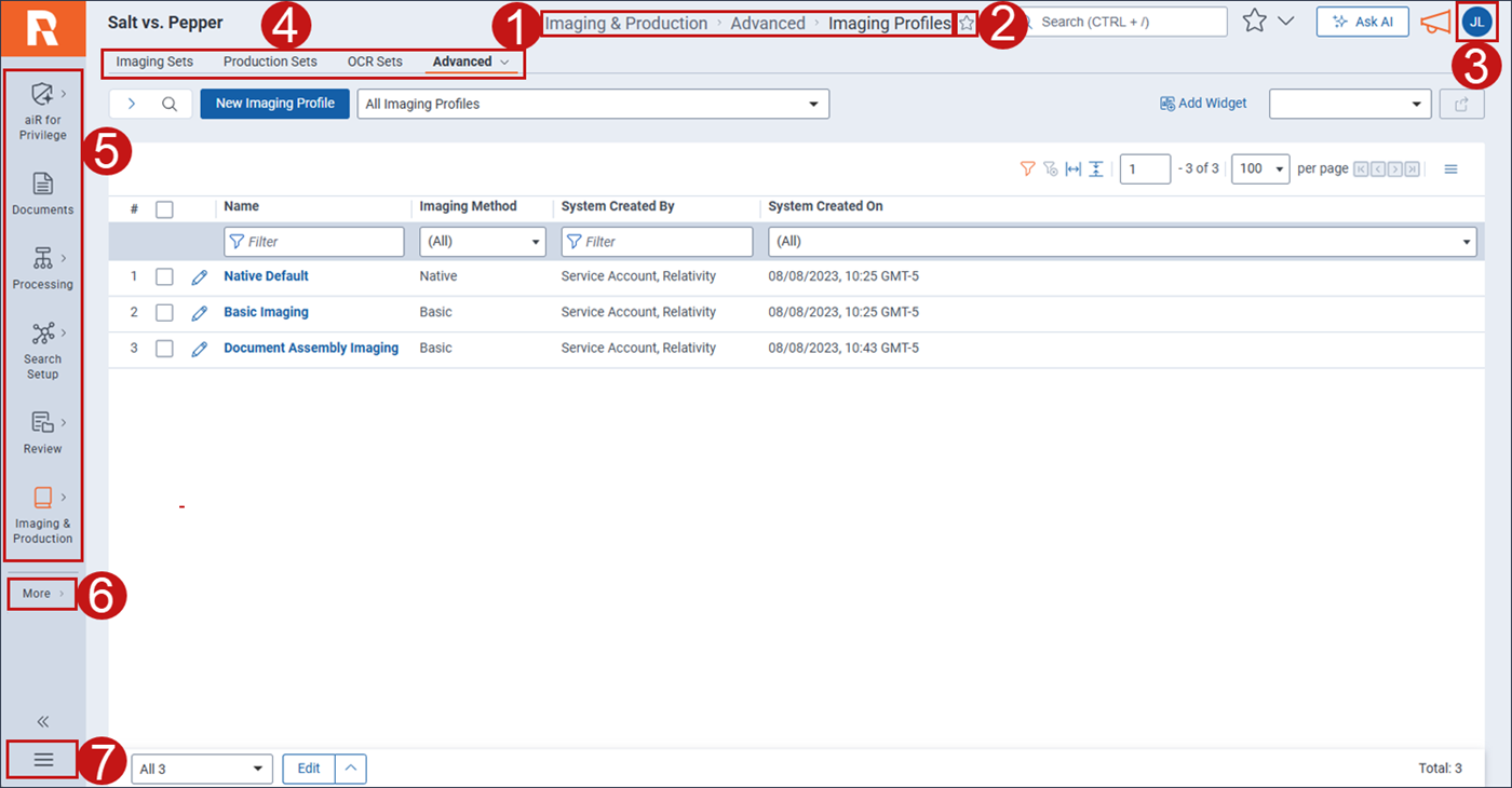 An example of Relativity's UI with the various parts relating to tabs individually highlighted.
