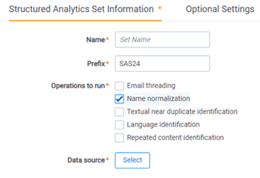Structured analytics set options with name normalization selected