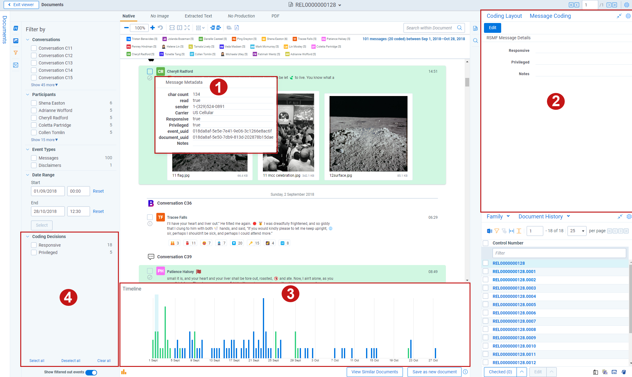 The Short Message displays with the 1. Metadata modal highlighted, 2. new Message Coding pane highlighted, and 3. the updated Timeline Navigator highlighted.