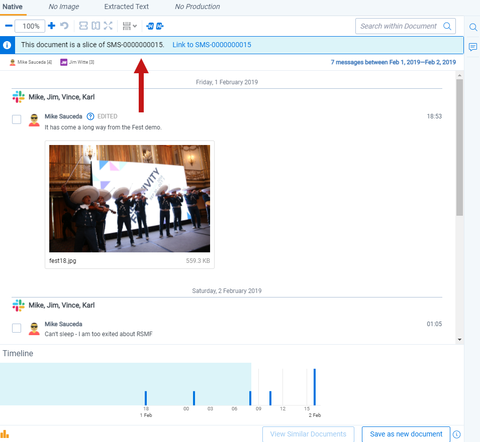 The Short Message Viewer displays a document that has been sliced and has the note along the top of the Viewer which indicates this.