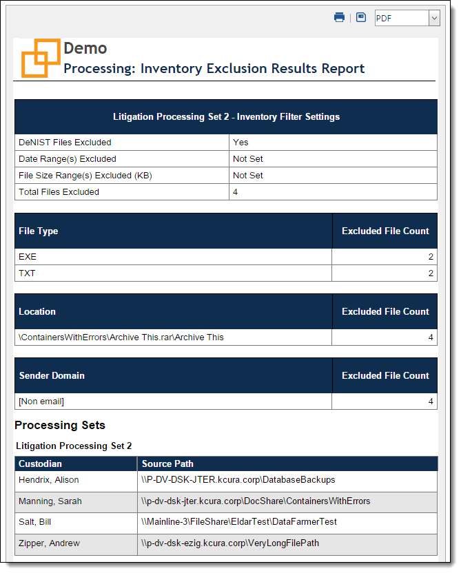 Inventory exclusion results report