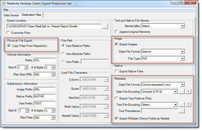 Physical File Export, Image, and Metadata sections wtihin Export Production Set