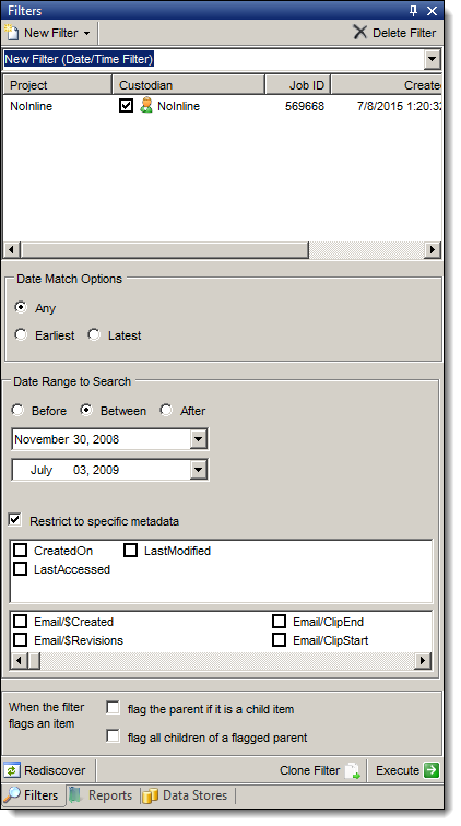 Custodian checkbox in New Filter menu