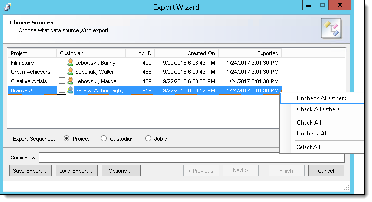 Export wizard window