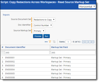 The Copy Redactions Across Workspaces - Read Source script report indicating that six markup sets were copied successfully.