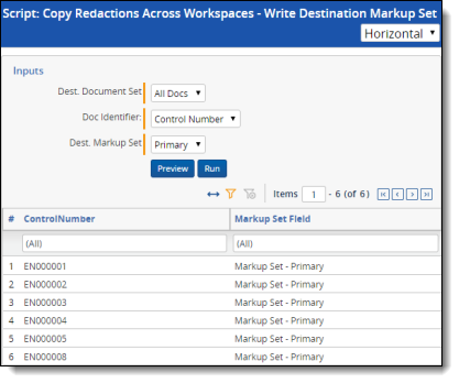The Copy Redactions Across Workspaces - Write Destination script report indicating that six markup sets were copied successfully.