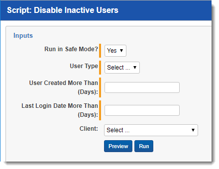 The Disable Inactive Users script page with sample settings.