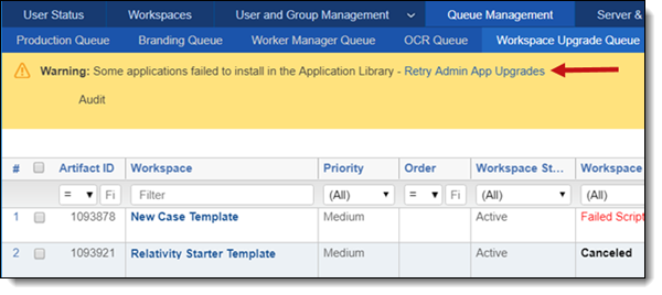 Retry Admin App Upgrades link on Workspace Upgrade queue