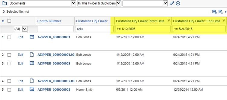 Filter for Custodian Start Date and End Date on Documents view