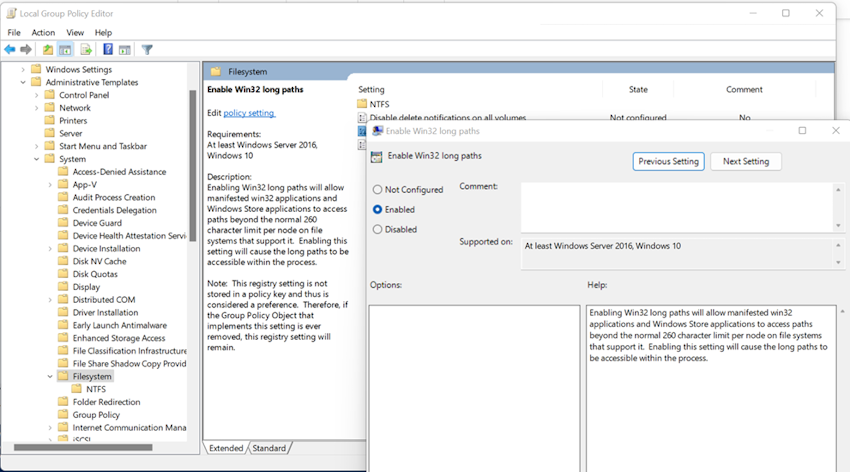 Enable long paths policy