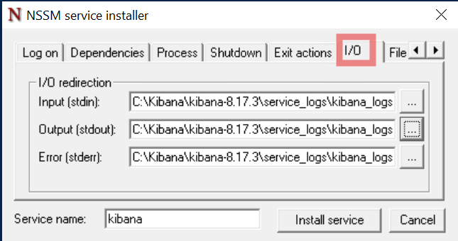 Kibana service I/O tab