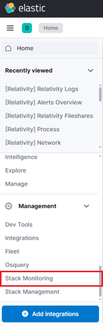 Kibana menu showing Stack Monitoring location