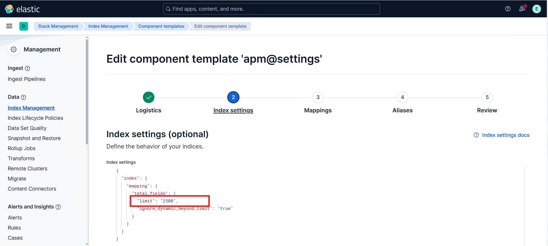 Screenshot: update limit in Kibana