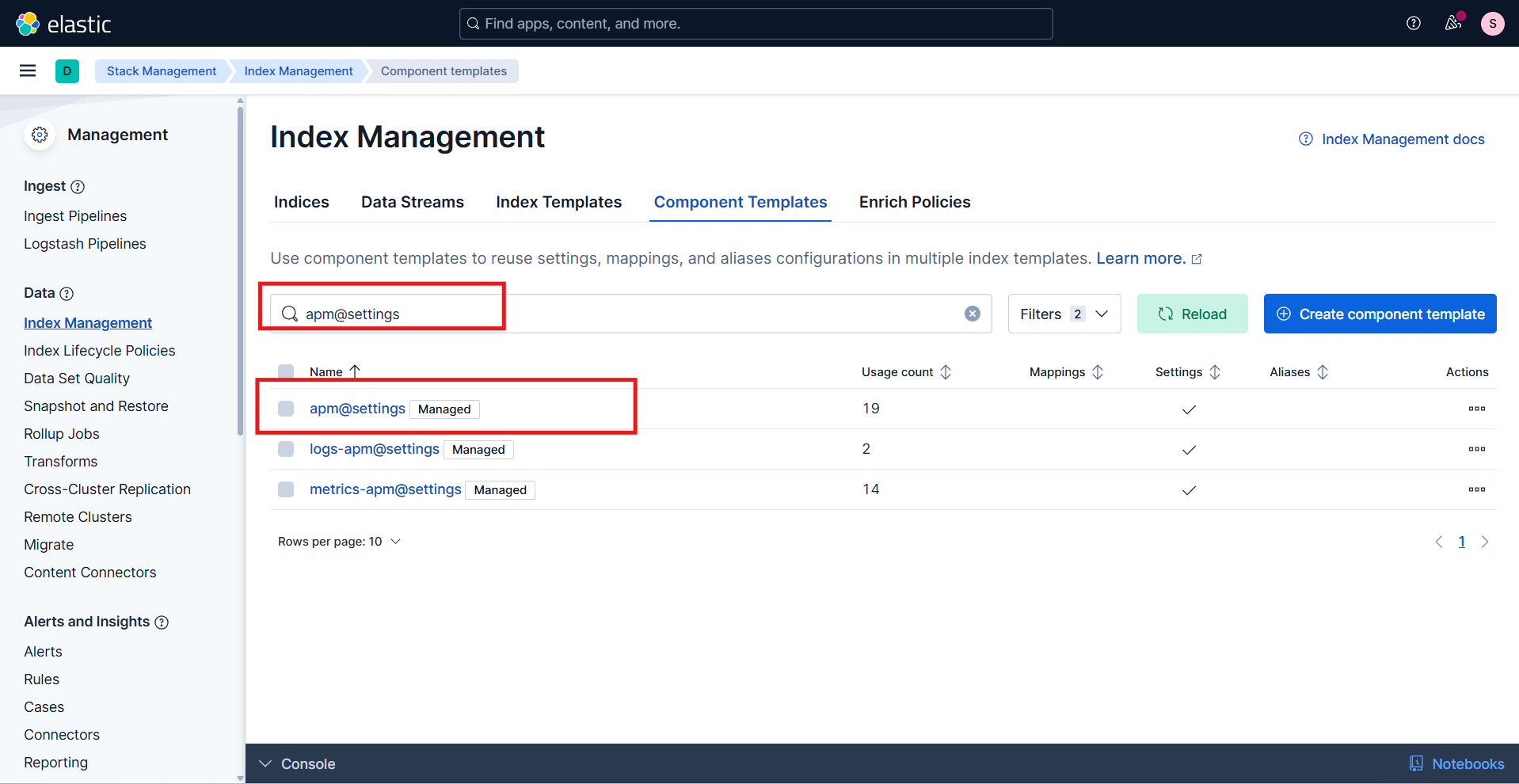Screenshot: apm@settings in Kibana