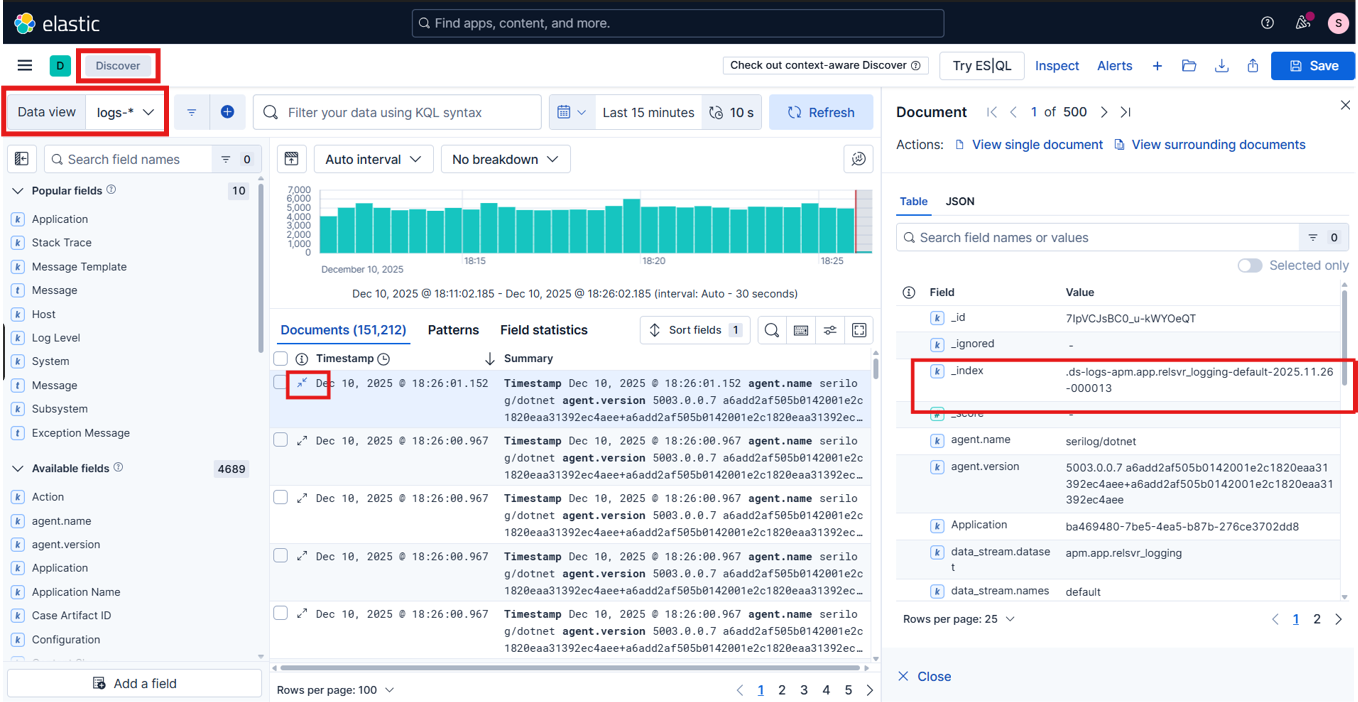 Screenshot: data stream in Kibana