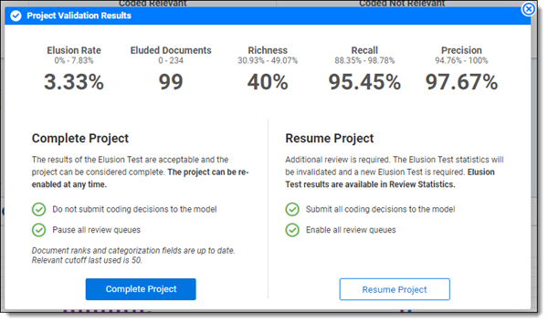 Project Validation results window