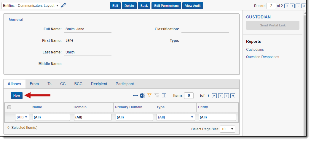 Entities - Communicators Layout with New Alias button highlighted