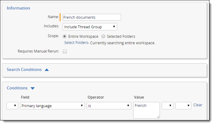 Example saved search configuration to batch documents based on Primary language