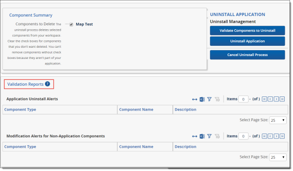 Application uninstall validation reports section