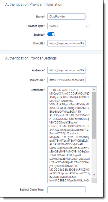 Authentication Provider Information and Authentication Provider Settings