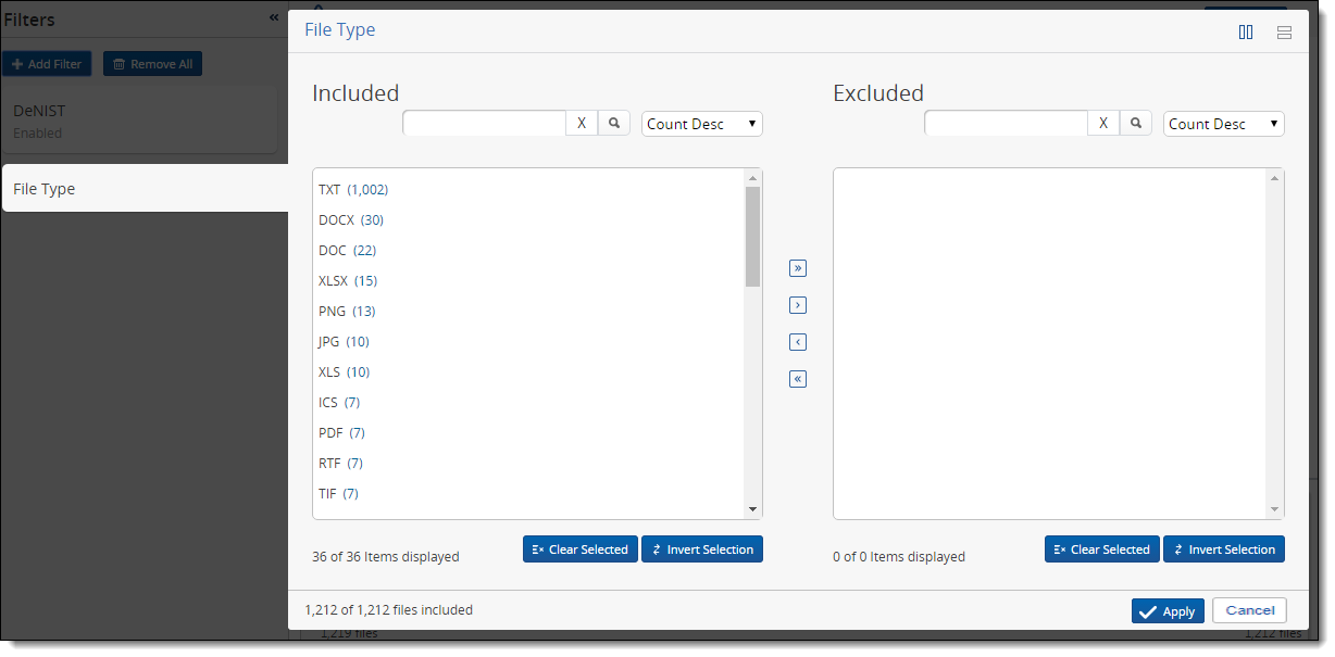 Two-list file type filter