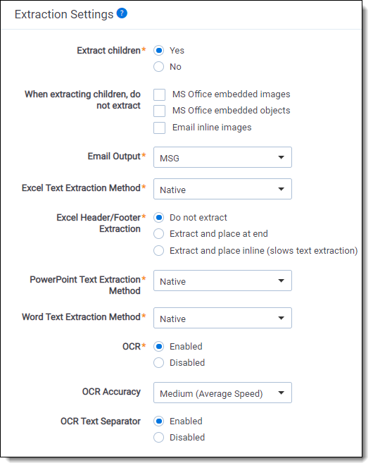 Extraction settings