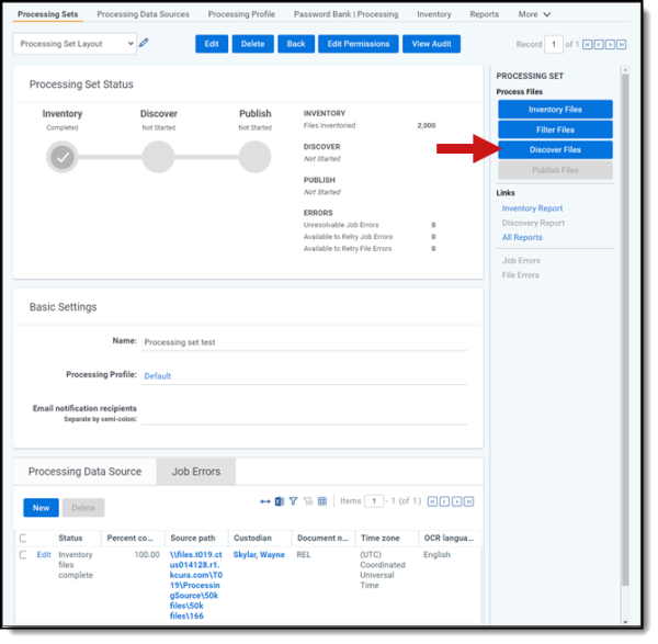 Discover files button on processing set