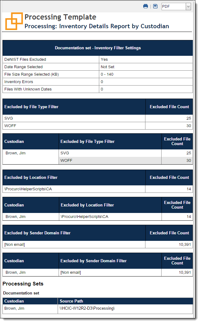 Inventory details by custodian report