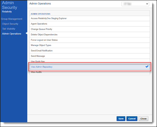 Admin security window for View admin repository permission