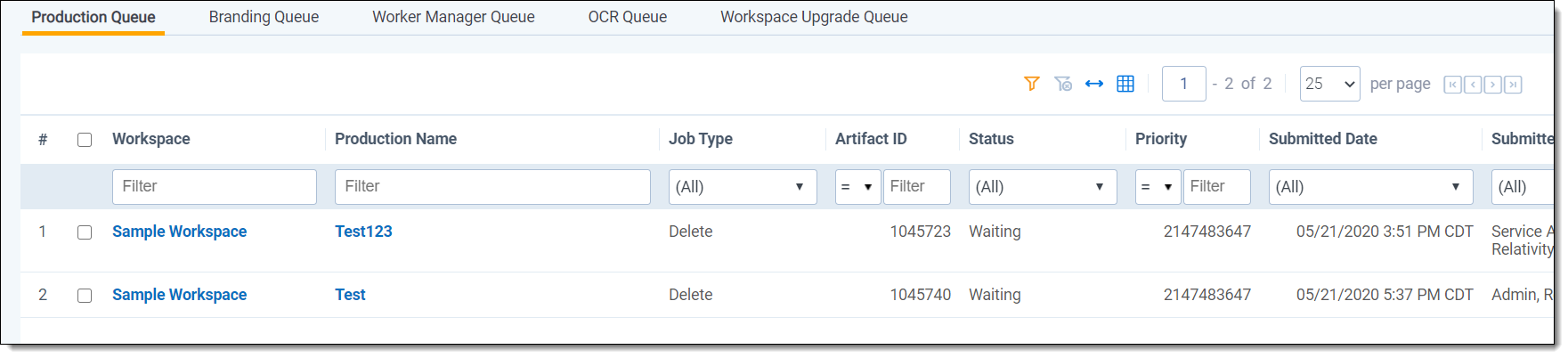 Production queue tab