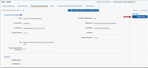 Validate Settings button highlighted on Preservation Hold Settings