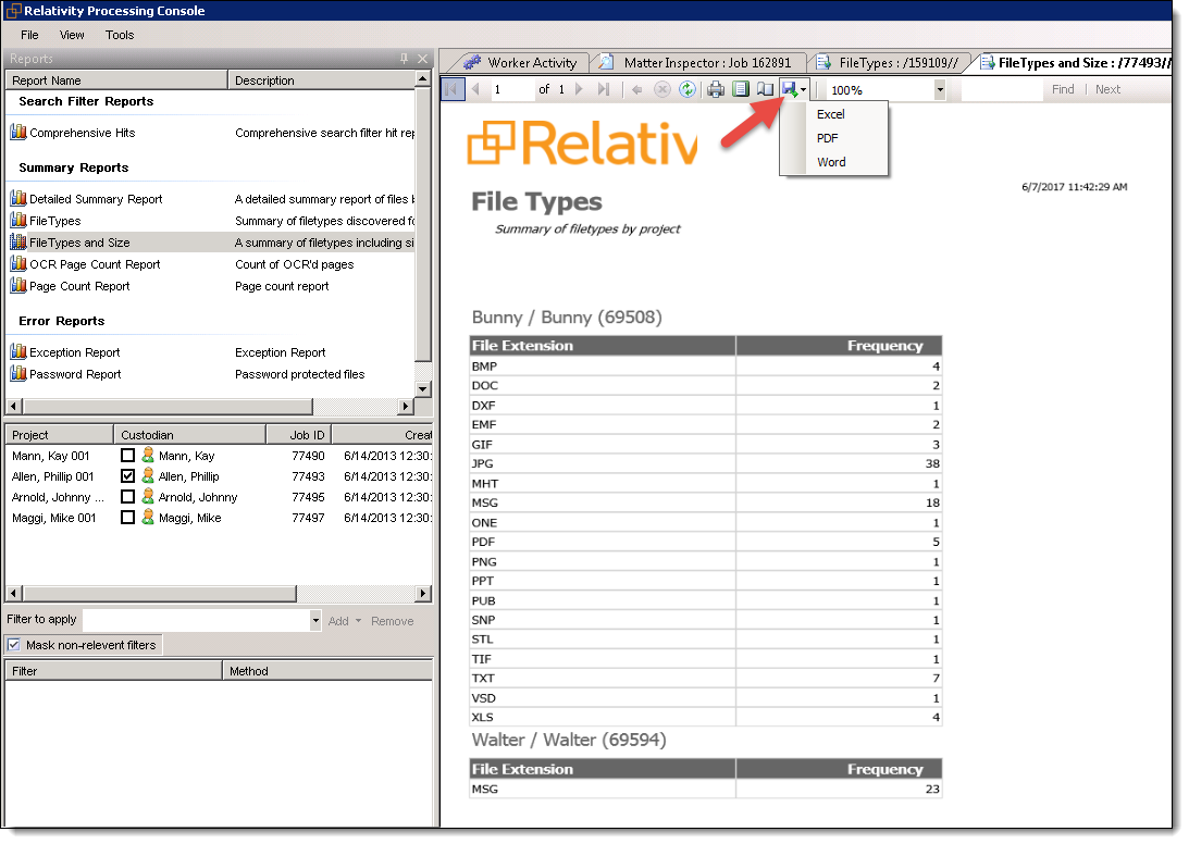 Export options on RPC report