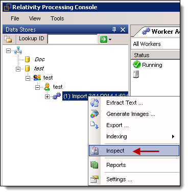 Selecting inspect in data stores window