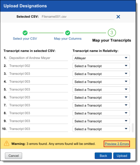 Upload Designation with Warnings 