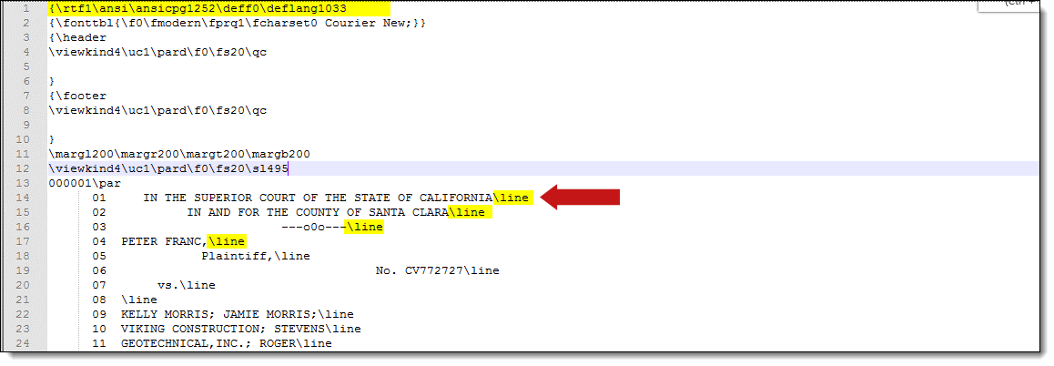 Transcript lines end on \line