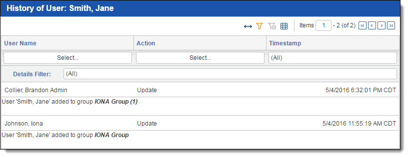 History of User window