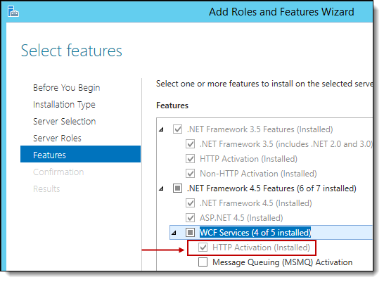 dialog displaying HTTP Activation setting