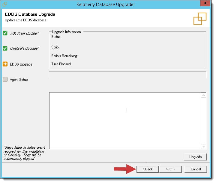 EDDS database upgrade window.