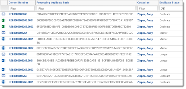 Document list of processing duplicate hash