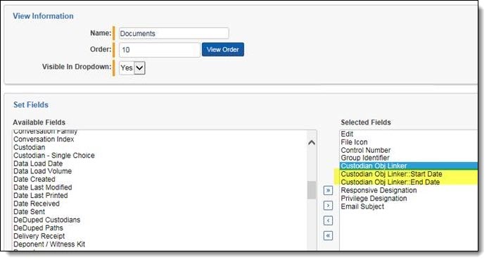 Custodian Start Date and End Date on view