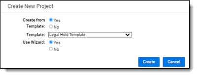 The Create New Project modal in Legal Hold.