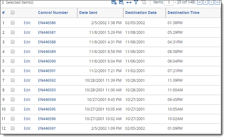 The document list with the Destination Date and Destination Time columns, and sample data.