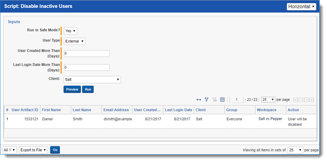 The Disable Inactive Users script report with sample data.