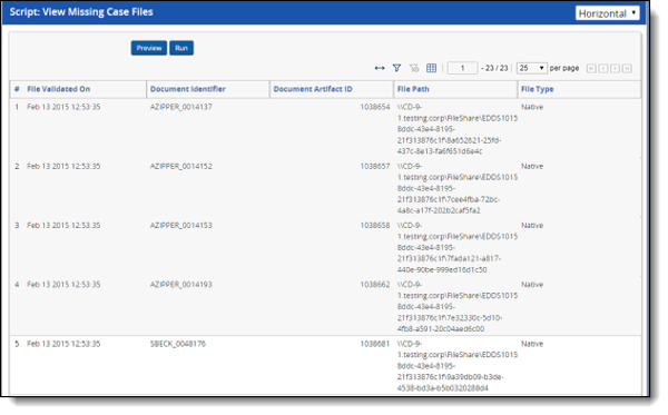 A Missing Case Files report that displays a list of detailed information about each document that is missing files and which files are missing.