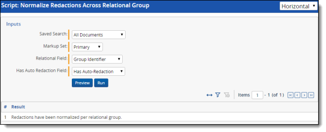 An example of the Normalize Redactions Across Relational Group script report indicating that redactions were normalized.