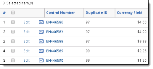 An example of saved search results that lists coding variances across documents.